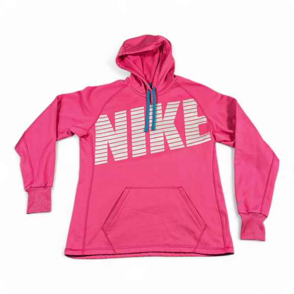 Nike Sweater Womens MEDIUM Pink Blue Hoodie Themra Fit Spell Out Silver Athletic - Picture 1 of 9